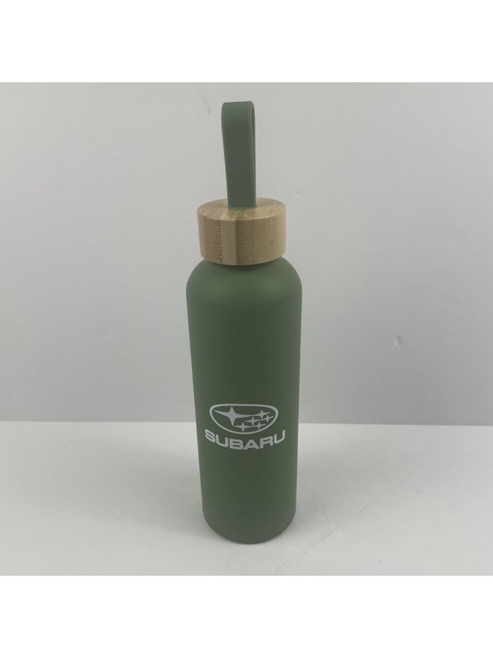 Subaru Promo Water Bottle Aluminum w/Bamboo Screw On Cap Finger Loop 24oz  Green